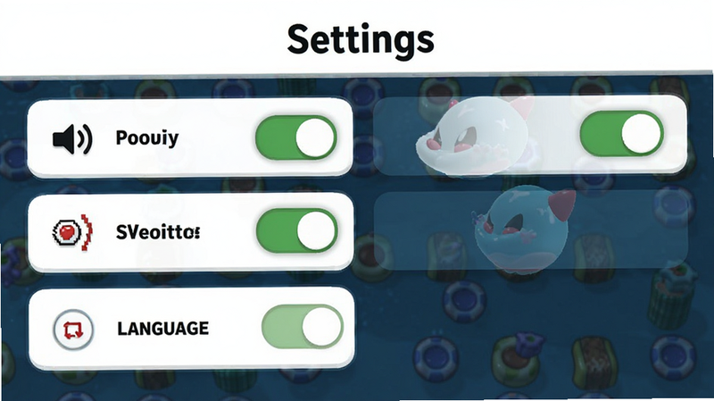 主体为Bubble Pop! - Shooter Puzzle设置界面,布局清晰,显示音效、震动、语言选项,风格简洁,细节展示开关状态,画质高清,干净,文字