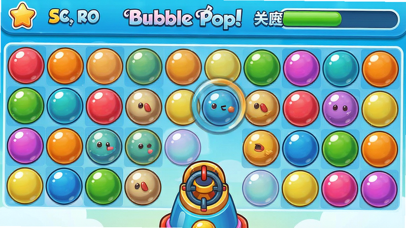主体为Bubble Pop! - Shooter Puzzle游戏主界面,布局清晰,顶部显示得分与关卡进度,中部是五颜六色的泡泡阵列,底部是瞄准炮台,风格为明亮卡通,细节丰富,画质高清,干净无多余元素,文字