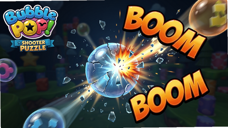 主体为Bubble Pop! - Shooter Puzzle游戏内物理反弹瞬间,布局聚焦于泡泡碰撞点,风格动感,细节展示泡泡碎裂效果,画质清晰,干净,文字