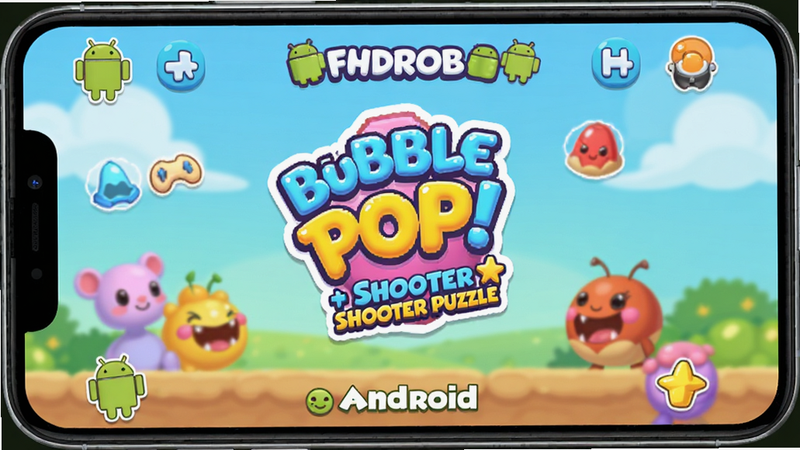 主体为Bubble Pop! - Shooter Puzzle在手机屏幕上的运行效果,布局展示游戏主界面,风格清新,细节展示手机边框与屏幕比例,画质高清,干净,文字
