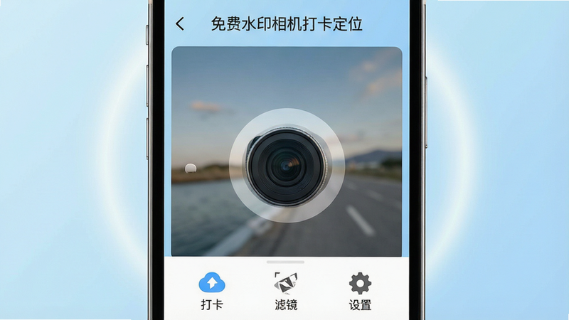 一张高清手机应用界面展示图,主体为手机屏幕,显示“免费水印相机打卡定位”应用主界面。布局清晰,顶部显示应用名称,中部为相机取景框,底部排列着“打卡”、“滤镜”、“设置”三个功能图标。风格为简约科技风,背景为浅蓝色渐变,细节处有柔和的光晕效果,画质清晰,干净无多余元素。