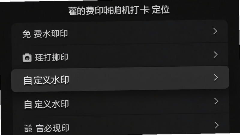展示“免费水印相机打卡定位”应用的功能菜单界面,布局为列表形式,高亮显示“自定义水印”选项。背景为深色模式,文字为白色,风格现代简洁,细节处有微妙的阴影效果,画质细腻,干净无干扰。