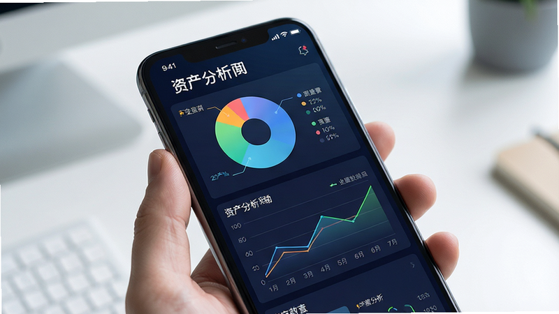 展示来金宝APP的数据分析页面,主体为手机屏幕,显示多个彩色图表,包括饼图和折线图,布局整齐,风格科技感强,细节清晰,画质高清,干净,无多余元素,文字“资产分析”清晰可见