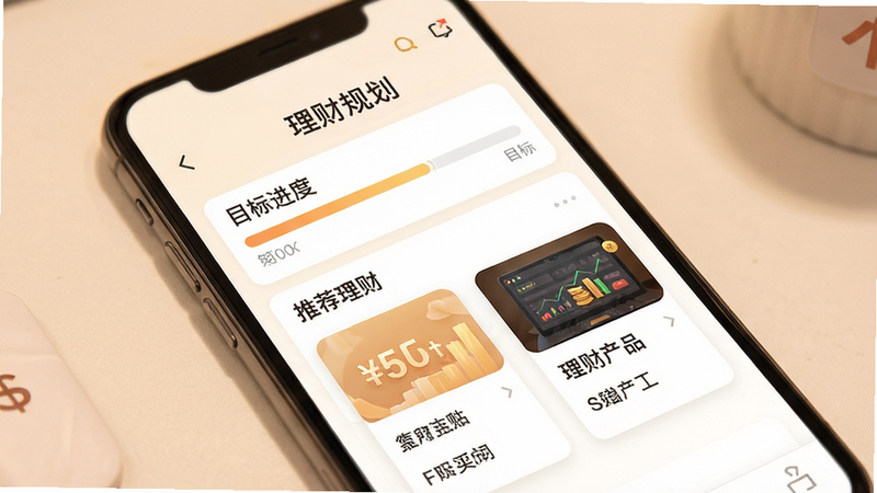 展示来金宝APP的理财规划界面,主体为手机屏幕,显示目标进度条和推荐理财产品卡片,布局层次分明,风格温暖亲切,细节精致,画质高清,干净,无多余元素,文字“理财规划”清晰可见