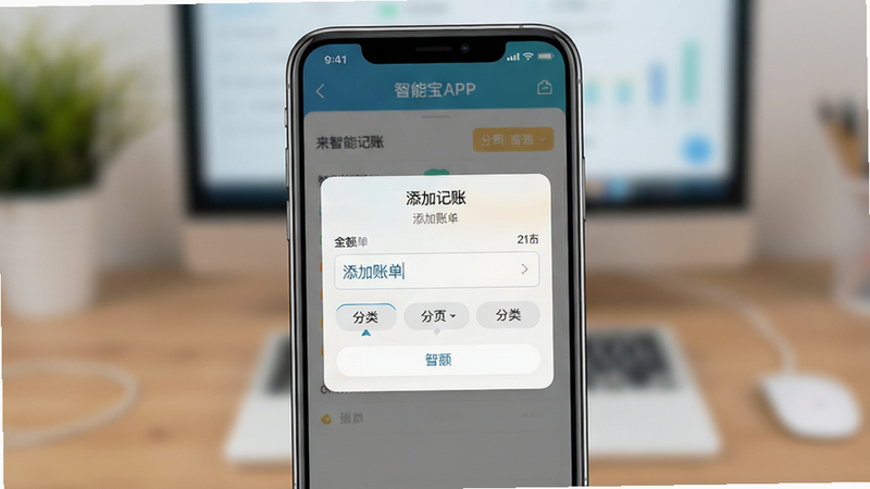 展示来金宝APP的记账界面,主体为手机屏幕,显示一个添加账单的弹窗,包含金额输入框和分类选择标签,背景模糊处理突出前景,布局中心对称,风格清新,细节丰富,画质高清,干净,无多余元素,文字“智能记账”清晰可见