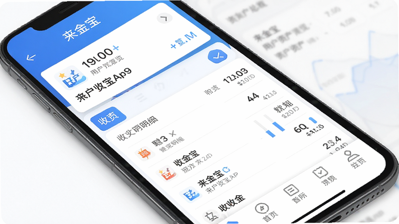 主体为来金宝APP的主界面截图,布局采用扁平化设计风格,顶部显示用户资产总览,中部为收支明细列表,底部为导航栏,色彩以蓝色和白色为主,风格现代简洁,细节清晰,画质高清,干净,无多余元素,文字“来金宝”清晰可见