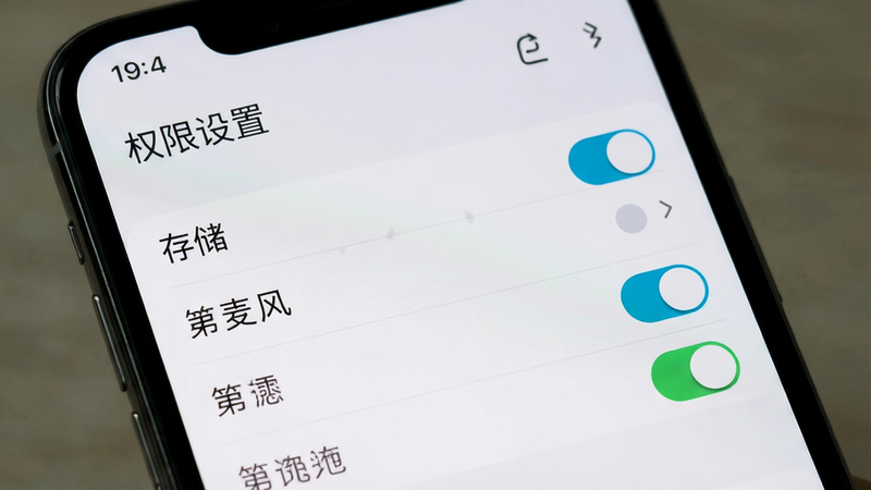 展示手机设置界面,主体为权限管理页面,显示存储、麦克风等权限开关状态,布局清晰,风格系统原生,细节准确,画质高清,干净,无多余元素,文字“权限设置”清晰可见