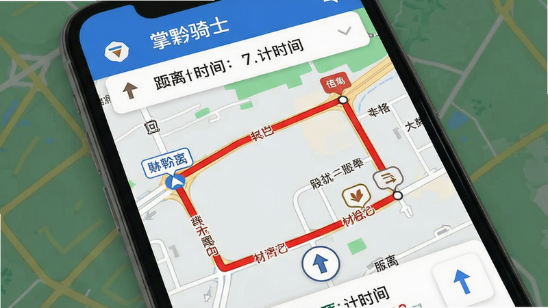 主体为手机屏幕上的地图导航界面截图,地图上清晰标注出一条红色的最优配送路线,路线经过几个明显的路标节点。界面顶部显示“掌黔骑士”字样,下方有距离和预计时间信息。布局清晰,色彩对比鲜明,红色路线突出,风格扁平化,细节处显示道路名称和转向箭头,画质清晰,干净,无多余元素