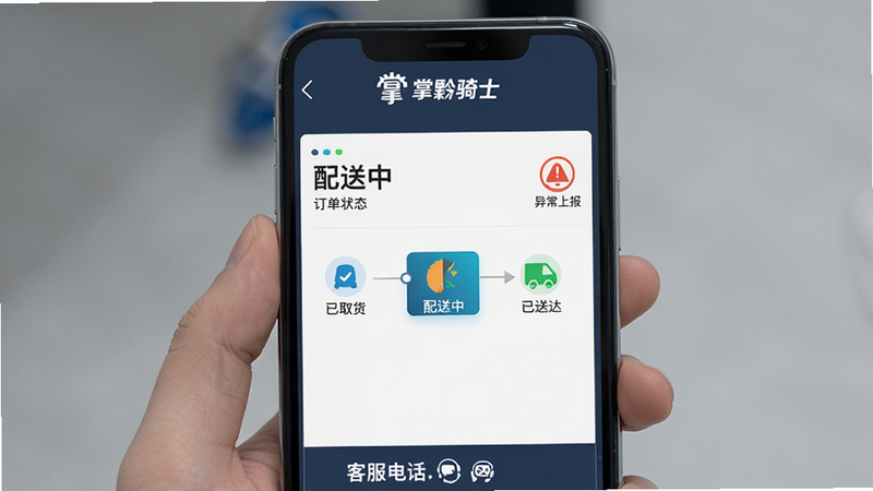 主体为手机屏幕上的订单详情页面,显示订单状态为“配送中”,下方有“已取货”、“配送中”、“已送达”三个步骤图标,当前步骤高亮。界面右侧有一个“异常上报”的小图标。顶部显示“掌黔骑士”Logo,底部有客服电话入口。布局纵向排列,逻辑清晰,风格专业稳重,细节处显示状态图标颜色变化,画质清晰,干净,无多余元素