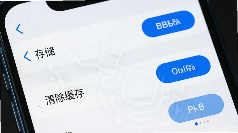 主体为手机设置界面截图,显示“存储”和“清除缓存”选项,布局简洁,风格科技感,细节处有蓝色高亮按钮,画质清晰,干净,无多余元素,文字“清除缓存”醒目