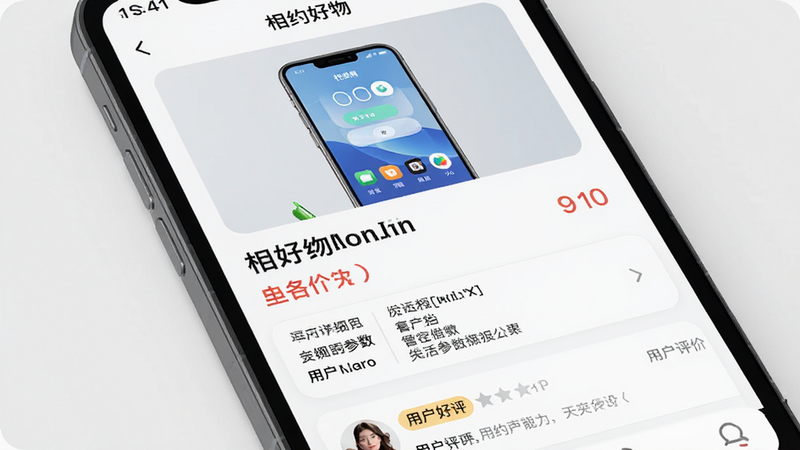 主体为手机屏幕特写,显示“相约好物”APP的商品详情页,布局清晰,上方为商品大图,中间为标题和价格,下方为详细参数和用户评价区,风格现代简约,细节处有圆角矩形设计,画质清晰,干净,无多余元素,文字“用户好评”高亮显示