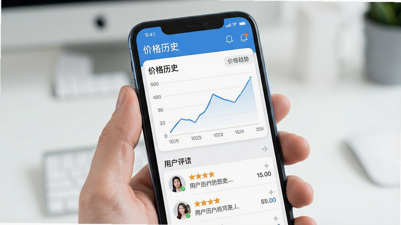 主体为手机界面,显示价格对比图表和用户评价列表,布局清晰,风格数据可视化,细节处有折线图趋势,画质清晰,干净,无多余元素,文字“价格历史”清晰可见