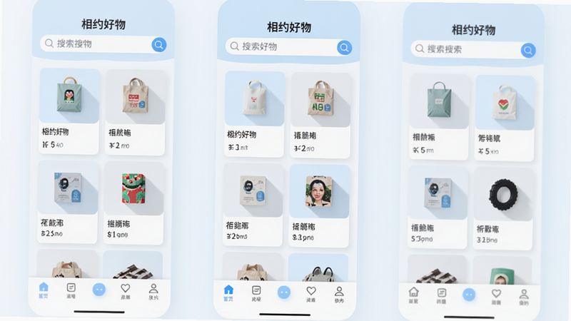 主体为“相约好物”APP界面全景展示,布局采用扁平化设计,顶部为搜索栏,中部为网格状商品卡片,底部为导航栏,风格清新简约,色调以白色和淡蓝色为主,细节处有柔和的阴影效果,画质高清,干净,无多余元素,文字“相约好物”清晰可见
