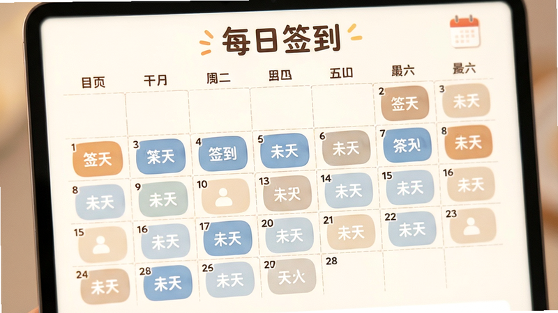 主体为签到日历界面,布局为7天网格,排版清晰,风格温馨友好,细节展示已签到和未签到状态,画质柔和,干净,无多余元素,文字