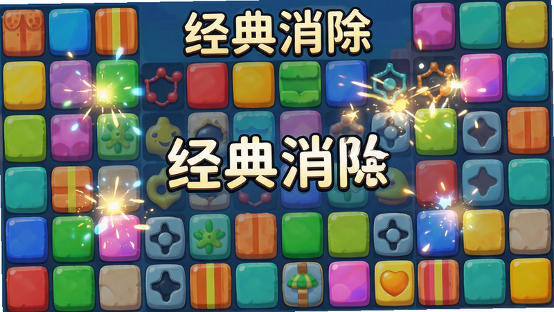 主体为游戏关卡界面,布局为网格状,排版整齐,风格明亮活泼,细节展示多个彩色方块和消除特效,画质清晰,干净,无多余元素,文字