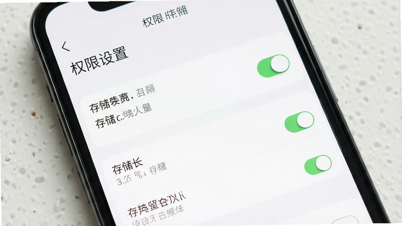主体为手机设置界面,布局为列表形式,排版清晰,风格极简主义,细节展示权限开关和存储选项,画质清晰,干净,无多余元素,文字