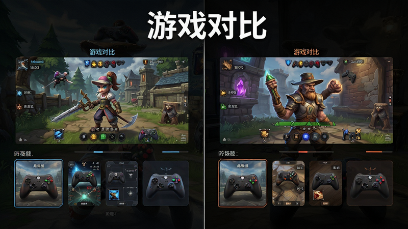 主体为两款游戏对比界面,布局左右分屏,排版对称,风格对比鲜明,细节展示不同UI元素,画质高清,干净,无多余元素,文字