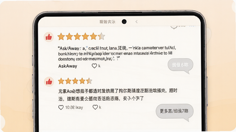 主体为AskAway用户评价界面,布局展示五星好评和具体反馈文字,风格温馨可信,细节展示点赞图标和回复气泡,高清画质,干净背景,无杂乱元素
