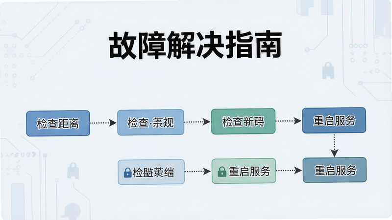 主体为故障排查流程图,展示从检查距离到重启服务的步骤,文字