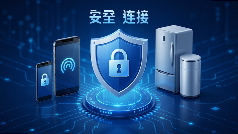 主体为安全盾牌图标,环绕手机和家电,文字