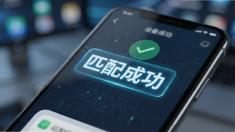 主体为手机屏幕特写,显示设备匹配成功界面,文字