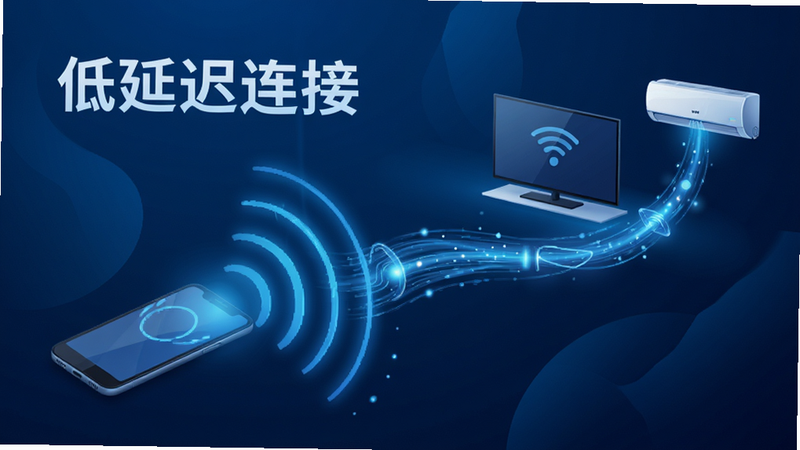 主体为信号传输示意图,手机发出蓝色光波连接远处的电视和空调,文字