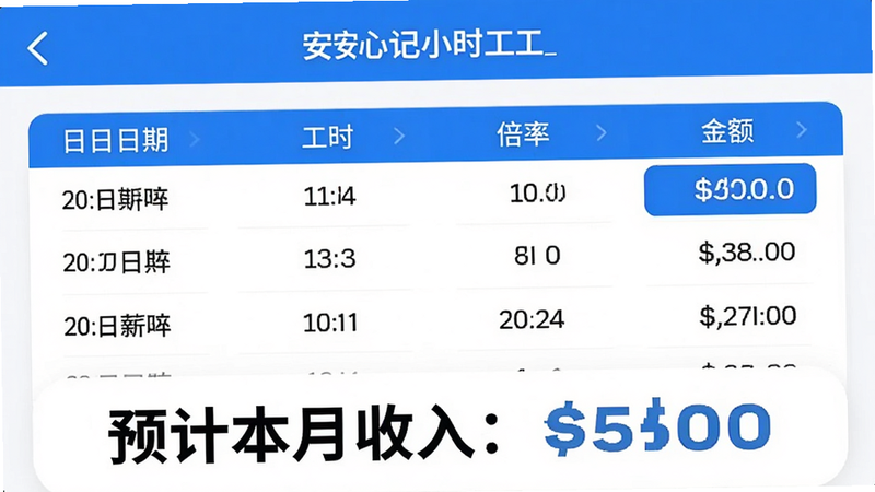 “安心记小时工”APP的薪资结算页面截图,显示清晰的列表,包含日期、工时、倍率、金额列,底部有大号字体显示“预计本月收入”,界面采用卡片式设计,数据高亮显示,风格专业严谨,白色背景,蓝色点缀,高清