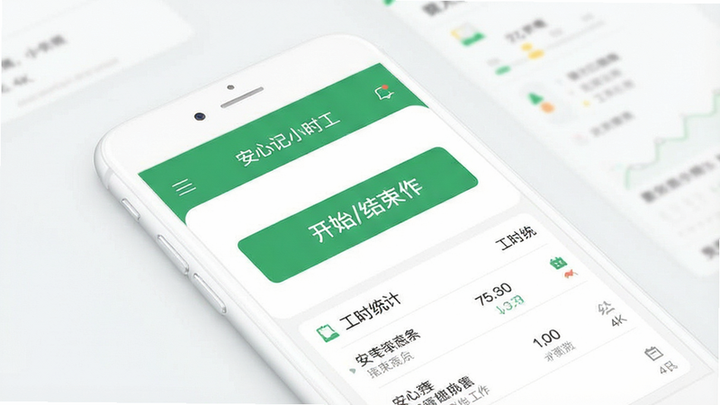 一张高清扁平化风格的应用程序界面展示图,主体为白色背景的手机模型,屏幕中央显示“安心记小时工”APP的主界面,界面顶部有绿色导航栏,中间是大号的开始/结束工作按钮,底部是清晰的工时统计列表,整体布局简洁现代,配色以清新绿和白色为主,无多余装饰元素,4k分辨率,干净清爽