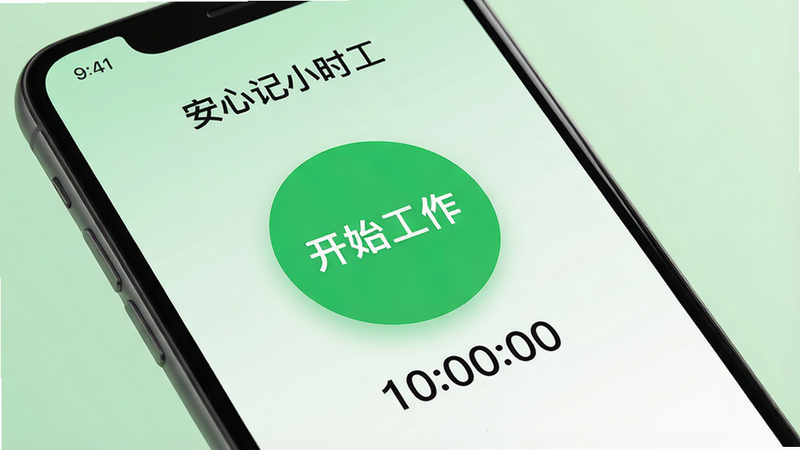 手机屏幕特写,显示“安心记小时工”APP的打卡界面,巨大的绿色圆形按钮上写着“开始工作”,下方显示当前时间10:00:00,背景为柔和的浅绿色渐变,界面极简,无其他干扰元素,高清细节,真实光影效果