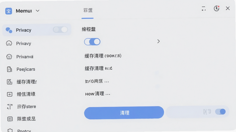 主体为微模拟截图宝设置界面,布局列表式菜单,排版清晰,风格极简,细节展示隐私开关与缓存清理按钮,画质柔和,干净,无多余元素