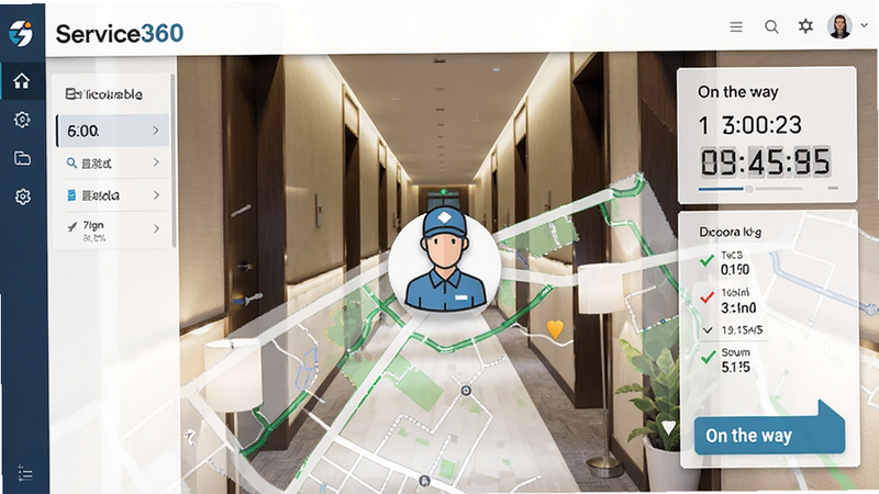 主体为Service360服务进度地图界面,显示快递员图标,背景为酒店走廊,布局全屏地图视图,排版直观,风格高效快捷,细节显示时间倒计时,画质清晰,干净,无多余元素,文字