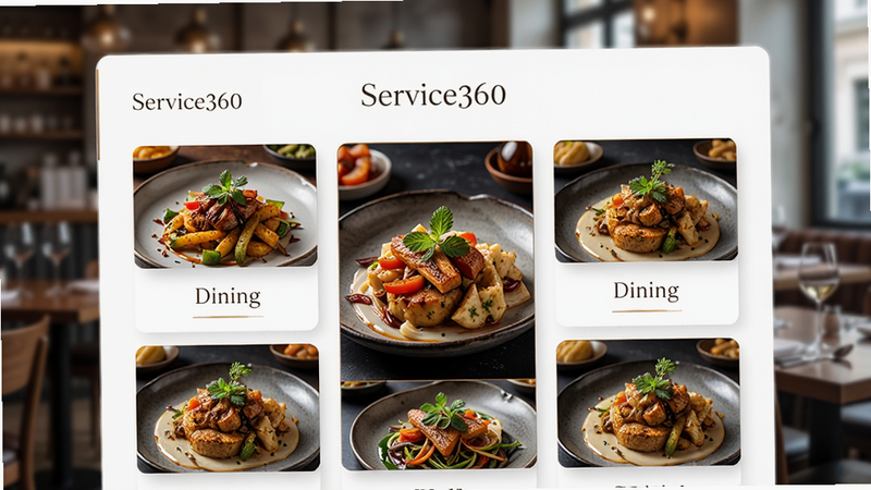 主体为Service360餐饮菜单页面,展示精美食物图片,背景为模糊的餐厅环境,布局卡片式排列,排版优雅,风格美食摄影,细节突出食物色泽,画质高清,干净,无多余元素,文字