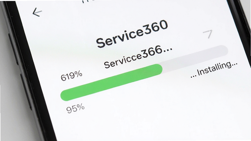 主体为手机屏幕显示Service360安装进度条,背景简洁白色,布局居中,排版极简,风格现代科技,细节显示百分比数字,画质清晰,干净,无多余元素,文字