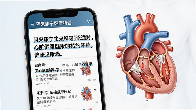 阿来康宁健康科普页面,手机屏幕显示一篇关于心脏健康的文章标题,旁边配有人体心脏解剖示意图。布局为典型的资讯列表页,文字排版整齐,重点内容加粗显示。风格为专业医疗科普风,色调冷静理性,细节处有医学图表元素,画质高清,背景纯净。