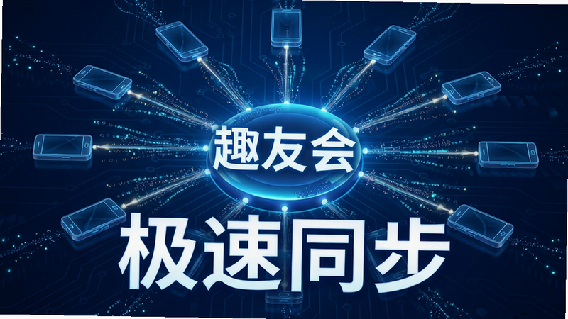科技感十足的网络数据流动效示意图,主体为多个手机图标通过光线连接,中心高亮显示“趣友会”字样,布局呈放射状,风格为深蓝色科技背景,细节包含数据流粒子效果,文字“极速同步”醒目,画质高清,干净无杂乱背景