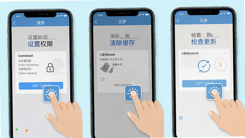 手机操作教程步骤图,主体为三步手机操作界面截图,分别显示“设置权限”、“清除缓存”、“检查更新”,布局为横向排列,风格为简洁扁平化,细节包含手指点击图标的高亮效果,文字标注清晰,画质高清,干净背景
