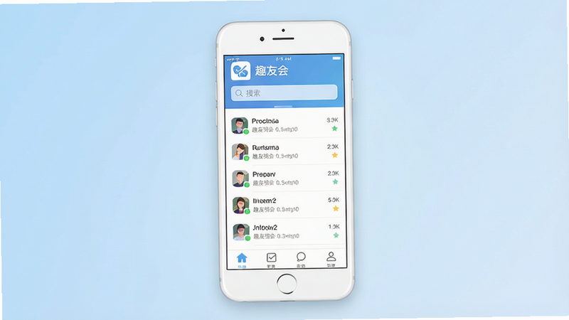 一张高清现代扁平化风格的手机应用界面展示图,主体为一部白色智能手机,屏幕显示“趣友会”应用的主界面,背景为柔和的浅蓝色渐变,布局整洁,顶部有应用Logo和搜索栏,中间是聊天列表,底部有四个功能图标,细节清晰,文字清晰可读,整体风格简约科技,4k分辨率,干净无多余元素