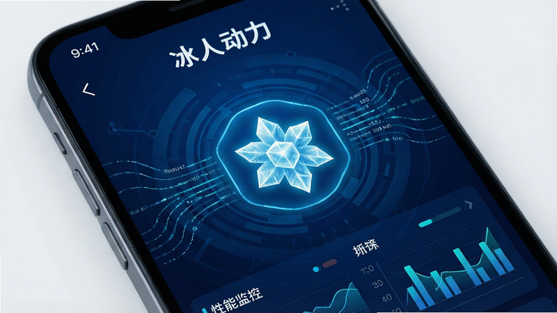 一张高清手机屏幕特写,界面显示“冰人动力”应用主界面,背景为深蓝色科技风,中心有一个发光的冰晶图标,周围环绕着数据流线条,展示性能监控图表,文字清晰可见,风格现代简约,画质极高,无多余元素
