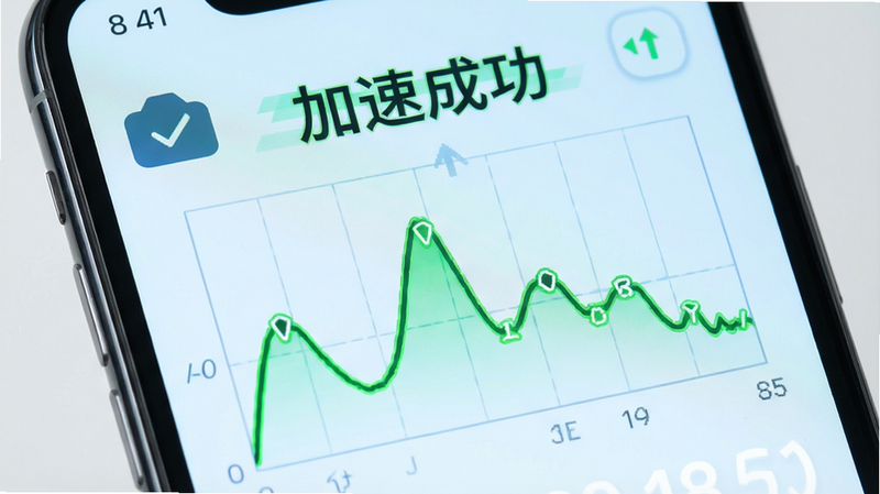 手机界面展示网络速度测试图表,绿色波形线显示低延迟,上方有“加速成功”字样,背景为浅蓝色网格,图标简洁,突出速度感,文字清晰,高清画质