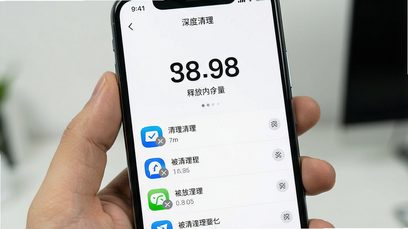手机屏幕显示“深度清理”结果界面,大数字显示释放内存量,下方列出被清理的应用列表,每个图标旁有灰色删除标记,背景简洁白色,强调效率与干净,细节清晰,无杂乱元素