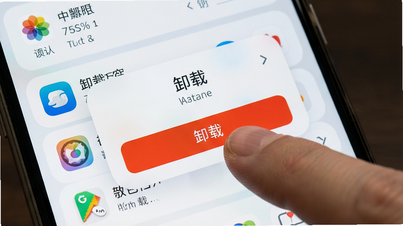 手机桌面显示卸载确认对话框,红色“卸载”按钮被手指点击,背景为应用列表,界面简洁,文字清晰,高清渲染