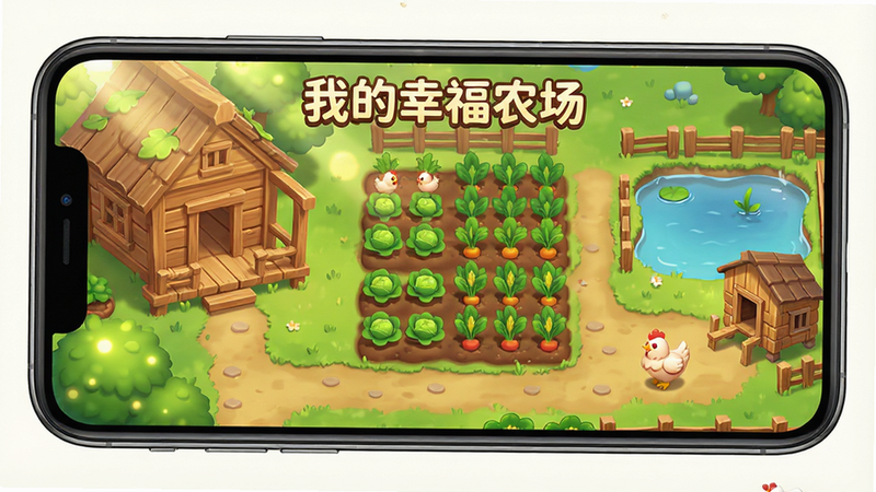 主体是手机屏幕展示的游戏主界面,布局为横版卷轴式农场全景,左侧是刚搭建的木屋,中间是整齐排列的蔬菜田,右侧是池塘和鸡舍,排版清晰有序,风格为清新治愈系卡通渲染,细节包括阳光洒在绿叶上的光斑、泥土的颗粒感、小鸡的羽毛纹理,画质高清,背景干净无多余元素,文字显示