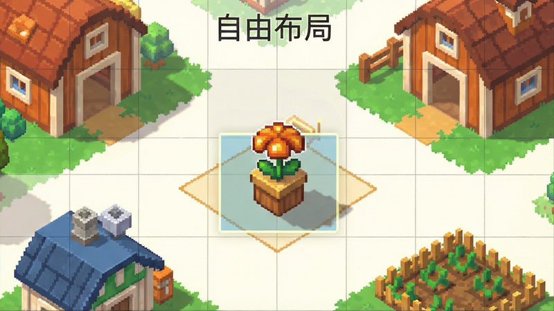 主体是农场规划界面,布局为网格化编辑模式,高亮显示正在放置的装饰物,周围已有其他建筑作为参考,排版呈现模块化结构,风格为明亮温馨的像素风,细节包括装饰物的阴影投射、网格线的透明度调节、周围环境的色彩协调,画质清晰,背景干净无多余元素,文字显示