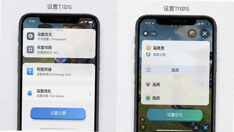 主体是手机设置界面与游戏界面的对比图,布局为左右分屏,左侧显示手机存储与权限设置选项,右侧显示游戏内画质设置菜单,排版对称平衡,风格为简洁的科技感UI设计,细节包括图标的高清渲染、按钮的立体效果、背景网格的细微纹理,画质清晰,背景干净无多余元素,文字显示