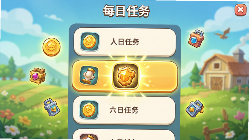 主体是游戏内的任务列表界面,布局为垂直滚动列表,高亮显示当前可领取的奖励,周围环绕着金币和道具图标,排版清晰易读,风格为活泼的卡通UI,细节包括奖励图标的发光效果、列表项的圆角设计、背景淡淡的田园风景,画质明亮,背景干净无多余元素,文字显示