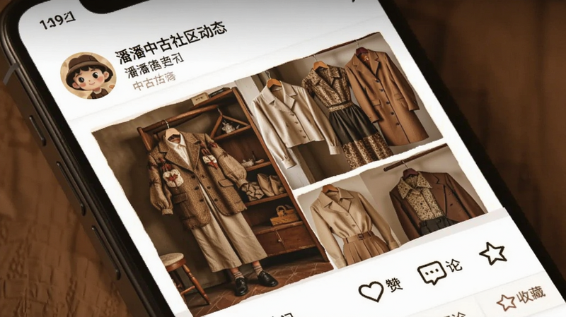 潘潘中古社区动态页面,手机屏幕显示用户头像、昵称及发布的图文内容,图片为多张中古服饰搭配照片,下方有点赞、评论、收藏图标,界面风格类似小红书但更聚焦中古,色调温暖,布局紧凑,文字排版美观,高清细节展示。