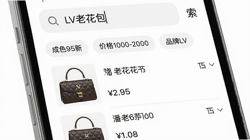 潘潘中古搜索与筛选界面,手机屏幕上方显示搜索框输入“LV老花包”,下方展示筛选标签如“成色95新”、“价格1000-2000”、“品牌LV”,列表项显示商品缩略图与价格,界面整洁,字体清晰,背景纯白,强调功能性与易用性,高清渲染。