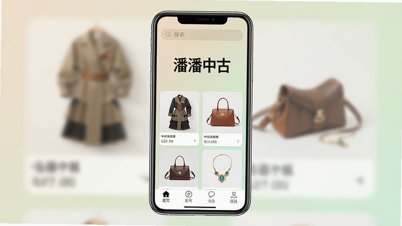 潘潘中古APP首页全屏展示,手机屏幕中央显示“潘潘中古”Logo,背景为柔和的米色与浅绿色渐变,界面布局清晰,顶部有搜索栏,中间网格排列着中古服饰、包袋、饰品等商品卡片,底部导航栏包含首页、发布、消息、我的四个图标,整体风格简约时尚,高清画质,无多余元素,干净清爽。