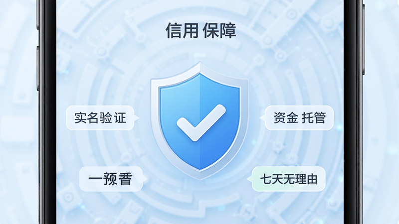 潘潘中古交易保障页面示意图,手机屏幕显示“信用保障”图标,盾牌形状,中心有对勾,周围环绕着“实名验证”、“资金托管”、“七天无理由”等标签,背景为淡蓝色科技感纹理,文字清晰醒目,布局对称,风格现代简洁,高清细节。