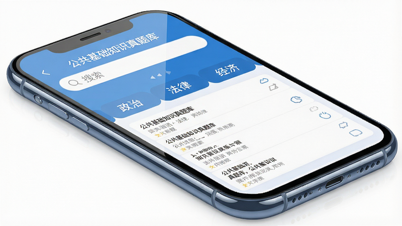 主体为一部现代智能手机,屏幕显示“公共基础知识真题库”APP界面,布局清晰,顶部为搜索栏,中部为分类标签(政治、法律、经济),下方是试题列表卡片,排版整洁有序,风格为扁平化商务蓝,细节包括高清屏幕反光、圆润的手机边框,画质8k,干净,无多余元素